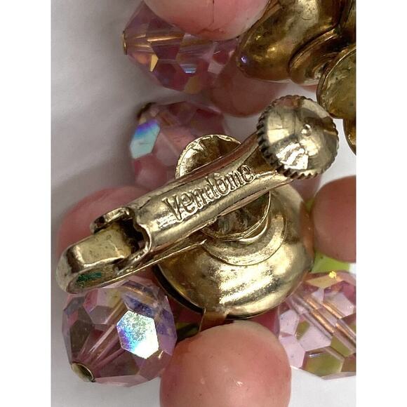 VENDOME Enamel & PINK Rhinestone FLOWER Clip Earrings Clip Ons Vintage Signed - Picture 6 of 7